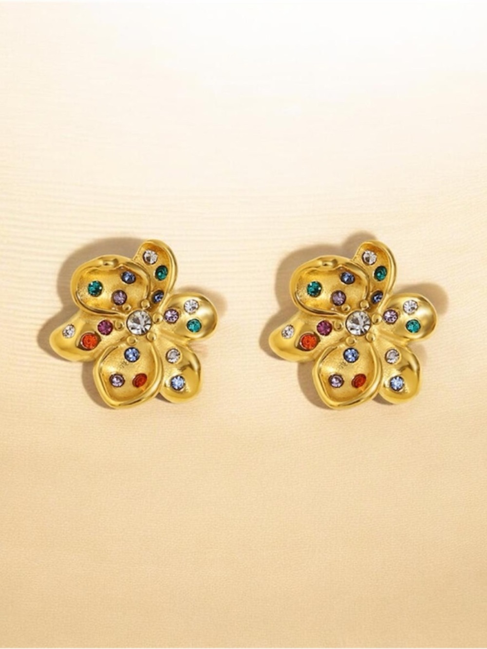 Flower Stud Earrings with Multicolor Crystals NWT Gold Plated